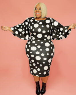 Plus Size Spring Summer Bell Sleeve Sleeve Polka Dot Print  Women Clothes Sheath Dress