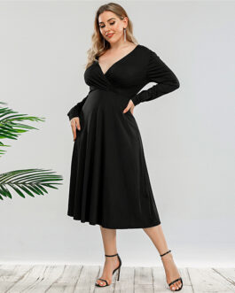 Plus Size French Single Retro Spring Autumn Fitted Waist Backless V-neck Dress Midi  Dress