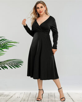 Plus Size French Single Retro Spring Autumn Fitted Waist Backless V-neck Dress Midi  Dress