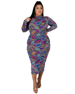 Plus Size Fall Winter Long Sleeve Turtleneck Irregular Asymmetric Plaid Printed Slim-Fit Sexy Women Dress
