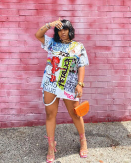 Plus Size Loose Positioning Printing Burnt round Neck  Dress