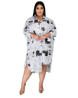 Plus Size Fall/Winter Plus Size Women Clothing Woman Collared Newspaper Printing Irregular Asymmetric Women Shirt Dress