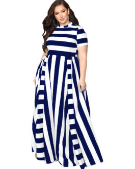 Plus Size Women Clothing Loose round Neck Horizontal Vertical Striped  Dress
