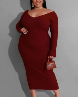 Plus Size Woman  Women  Dress V-neck Sunken Stripe Maxi Dress