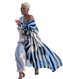 Plus Size Plus Size Women Clothing    Fashion Street Elegant Slim Fit Dress Stripe Printed Dress