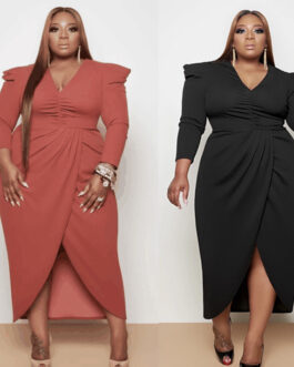 Plus Size Autumn Women Clothing Dress V-neck Asymmetric Dress Long Sleeve Solid Color Split Dress
