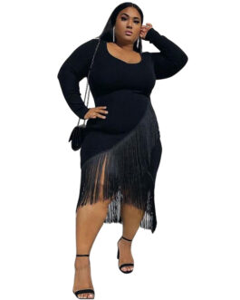 Plus Size Women Sexy Solid Color Long Sleeve Tassel Sexy Dress Nightclub Dress