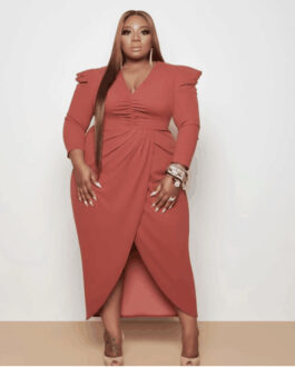 Plus Size Autumn Women Clothing Dress V-neck Asymmetric Dress Long Sleeve Solid Color Split Dress