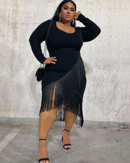 Plus Size Women Sexy Solid Color Long Sleeve Tassel Sexy Dress Nightclub Dress
