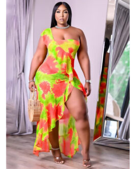 Plus Size Women Clothing Summer Single Sleeve Irregular Asymmetric Printed Flounced Dress Edge Dress
