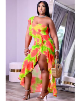 Plus Size Women Clothing Summer Single Sleeve Irregular Asymmetric Printed Flounced Dress Edge Dress