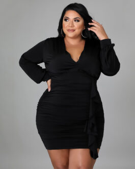 Plus Size New Arrival  Women Clothing Solid Color Pleated Sexy Sheath  Dress