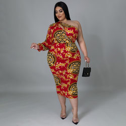 Plus Size Women Clothes Sexy Hollow Out Cutout One-Shoulder Long Sleeve Printed Dress Fishtail Dress