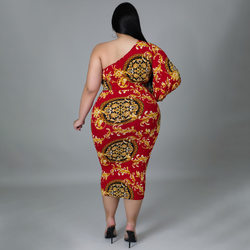 Plus Size Women Clothes Sexy Hollow Out Cutout One-Shoulder Long Sleeve Printed Dress Fishtail Dress
