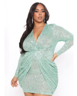 Plus Size Autumn Dress  Sexy Deep V-neck Sequin Long Sleeve Dress Women Clothing