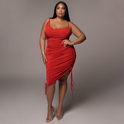 Plus Size Women Dress High Waist Sexy Suspenders Tight Waist Hip Drawstring Dress