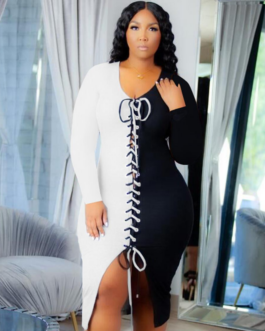 Plus Size Women Clothing Sexy Solid Color Block Splicing Machine Eye Strap Dress Women Dress