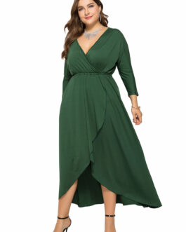 Plus Size Autumn Winter Standard Size Sexy V-neck Batwing Sleeve Large Swing Sheath Solid Color Dress