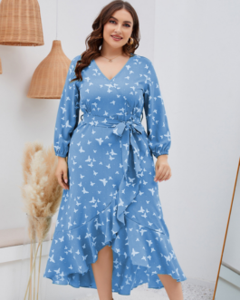 Plus Size Ladies Autumn Sping Casual Dress Butterfly Print Ruffled Hem Long Sleeve Tied V-neck  Dress