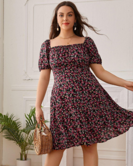 Plus Size Summer Sweet Square Collar Backless Floral Dress Boho Bohemian Vacation  Dresses