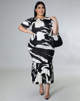 Plus Size Spring Summer round Neck Short Sleeve Flounced Dress Printed  Dress