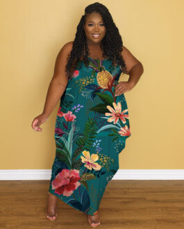 Plus Size Women Round Neck Sleeveless Printed  Dress