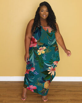 Plus Size Women Round Neck Sleeveless Printed  Dress