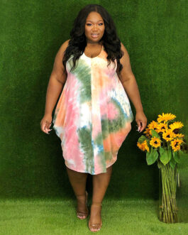Plus Size Mid-Dress Sleeveless Tie-Dye Printed Loose Waist Dress Classic Urban Casual