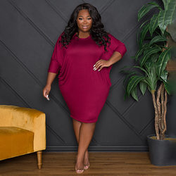 Plus Size Women Clothing Spot Loose Solid Color Pleated round Neck Loose Spring Autumn Dress