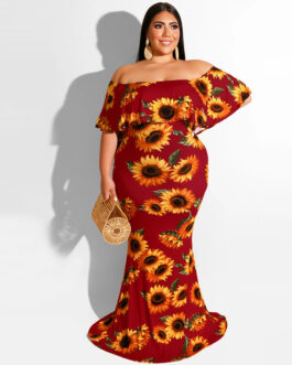 Plus Size Women Clothes Summer Sunflowers Leaf Printed Sexy Tight Dress
