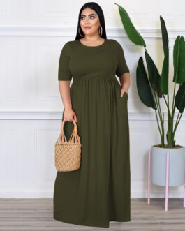 Plus Size Dress Summer Women Clothing Solid Color Round Neck Loose Casual  Dress