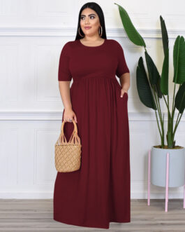 Plus Size Dress Summer Women Clothing Solid Color Round Neck Loose Casual  Dress