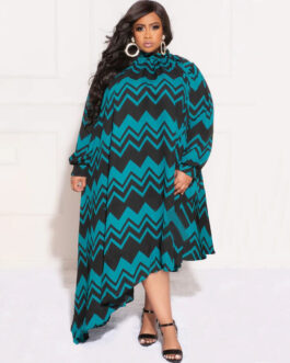Plus Size Women Clothing Long Sleeve Dress round Neck Printed Sexy Dress
