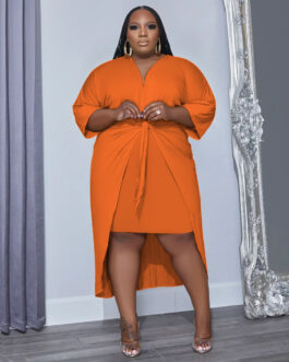 Plus Size Women Clothes Sexy Sheath Mid-Length Sleeve V-neck Lace-up Sheath Dress