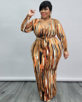 Plus Size Women Clothing Spring Printing Dyeing U Collar with Belt Skinny Long  Dress