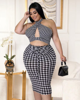 Plus Size Women Houndstooth Hollow Out Cutout Criss Cross Strap Pleating Dress