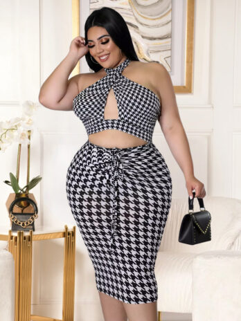 Plus Size Women Houndstooth Hollow Out Cutout Criss Cross Strap Pleating Dress