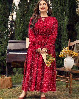 Plus Size Women Dress Polka-Dot Loose-Fitting Girls Long Sleeve Dress