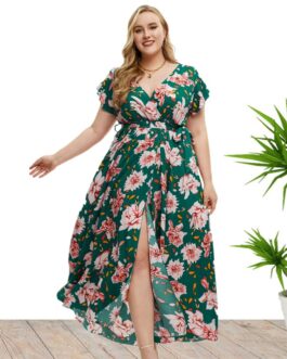 Plus Size Women Clothes Summer Short Sleeve Floral Print Slit Dress