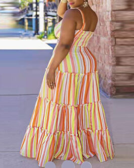 Plus Size Women Dress Yellow Swing Mid-Length Office Printed Dress Colorblock