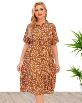 Plus Size Summer Women Clothes Short Sleeve Blouse Collar Printing Rayon Dress