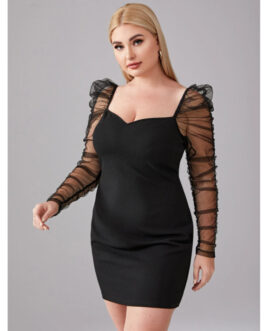 Plus Size Autumn Winter    Women Clothing Personality Sheath Mesh Long Sleeve Dress