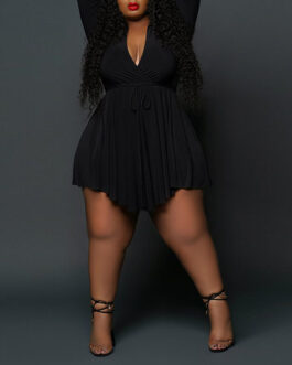 Plus Size Women Clothes Dress Pullover Long Sleeve High Waist Solid Color Short Dress Deep V Plunge Plunge Lace-up Red Dress