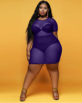 Plus Size Summer See-through Slim-Fit Sexy Black Korean Net  Women Dress