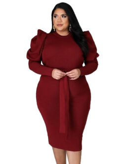 Plus Size Women Clothing Long Sleeve Belt Slim Fit  Dress