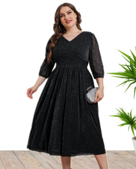 Plus Size Women Clothes Spring Summer V neck  Sleeve Mid Length Dress