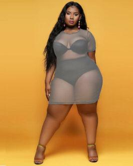 Plus Size Summer See-through Slim-Fit Sexy Black Korean Net  Women Dress