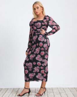 Plus Size Autumn Sping Floral Printed Square Collar One-Step Dress Office Fashion Dress Dresses