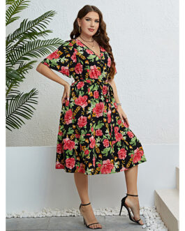Popular Summer Rose V neck Waist Controlled Slimming Dress