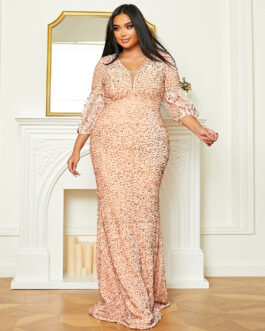 Plus Size Women Long Wedding Party Cocktail Light Luxury Sequined Evening Dress